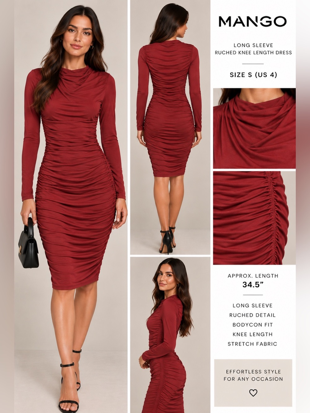 MANGO NWT Burgundy Ruched Long Sleeve Midi Dress S/4